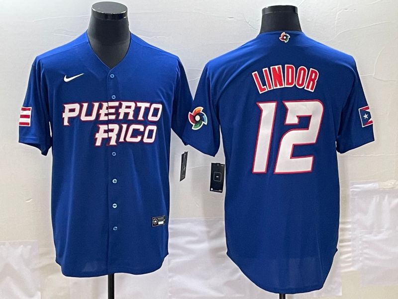 Men 2023 World Cub Puerto Rico #12 Lindor Blue Nike MLB Jersey7